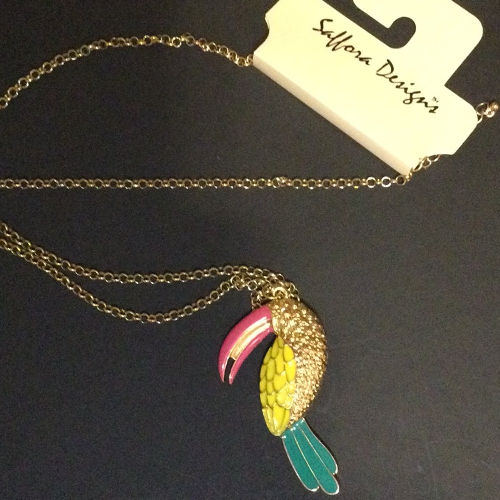 Gold Toucan Pendant Necklace - Pink, Yellow & Teal